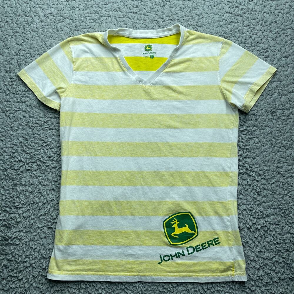 John Deere Shirt Womens Large Yellow Striped Logo Short Sleeve V-Neck Farmer